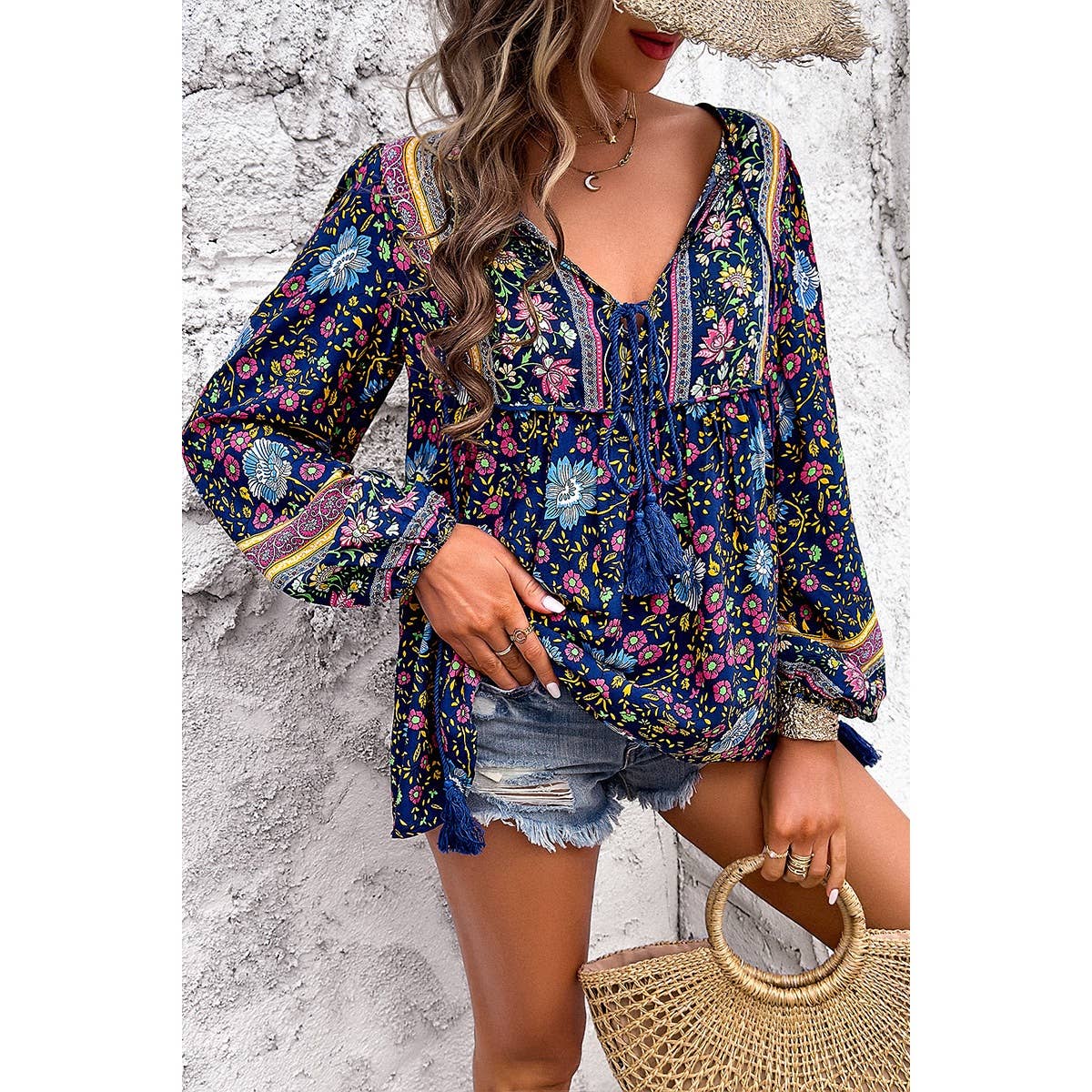 All Over Floral Print Cross Deep V Boho Top