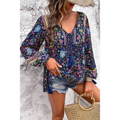 All Over Floral Print Cross Deep V Boho Top