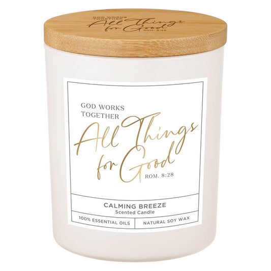 Glass Candle w/Bamboo Lid White God Works Rom. 8:28