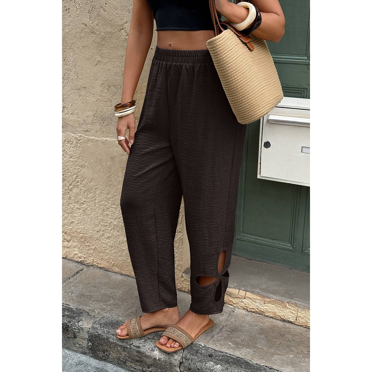 Solid Loose Elastic Waist Hollow Out Long Pant