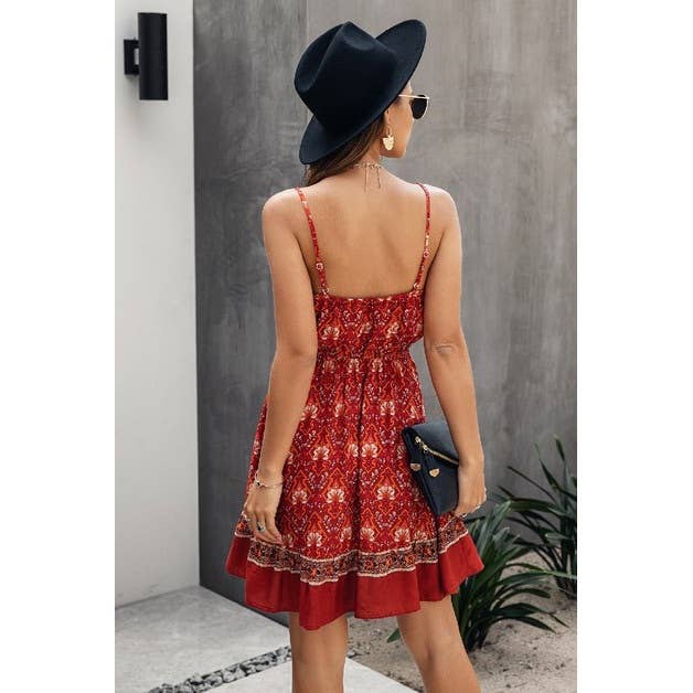 Floral V Neck Spaghetti Strap Button Down Ruffle Mini Dress