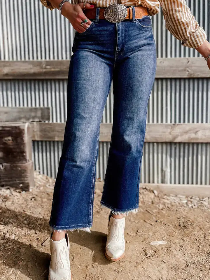 Sail Blue Mineral Wash High-Waist Raw Hem Flared Jeans