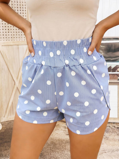 Polka Dot Print Shirred High Waist Casual Shorts