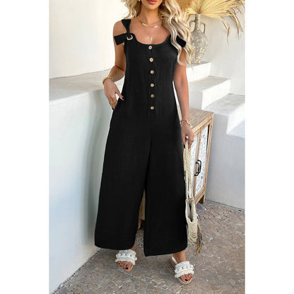 Button Front Knotted Strap Wide Leg Jumpsuit