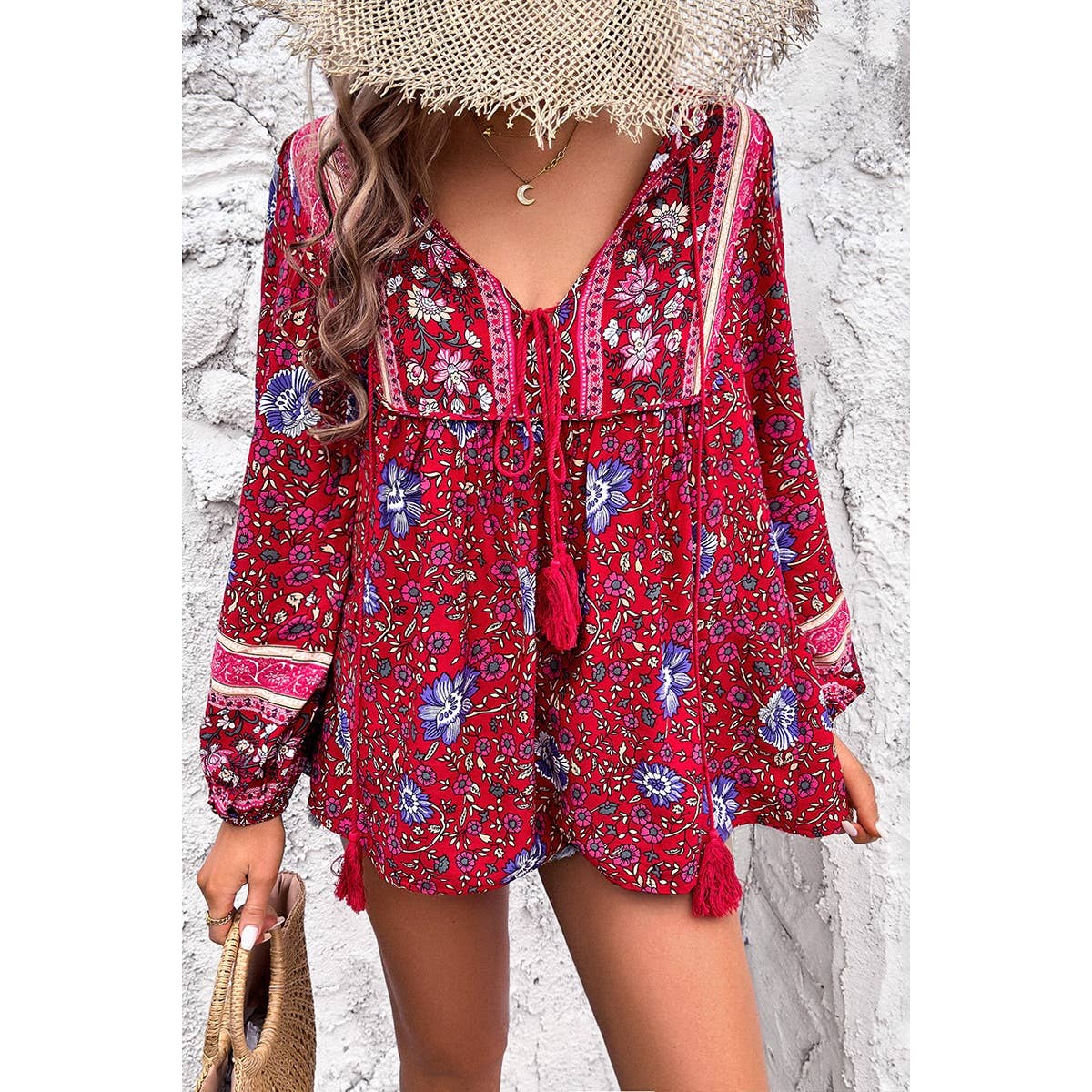 All Over Floral Print Cross Deep V Boho Top