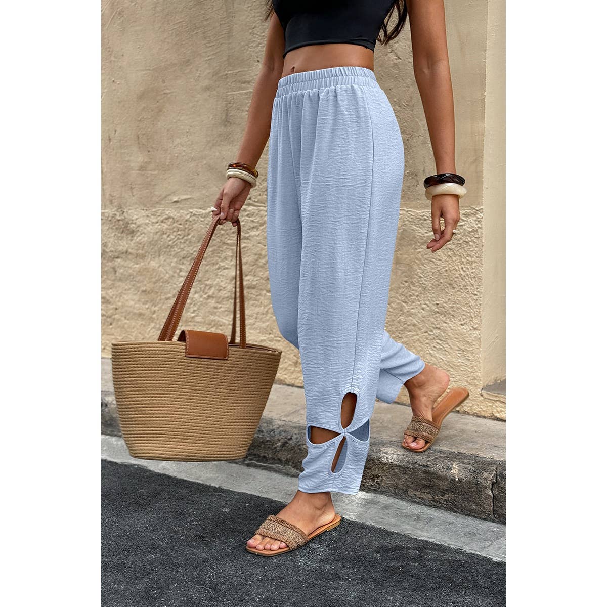 Solid Loose Elastic Waist Hollow Out Long Pant