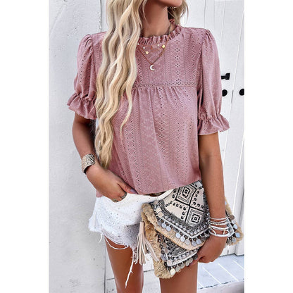 Round Neck Embroidery Ruffle Sleeve Loose Fit Shirts
