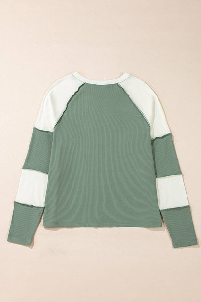 Ribbed Colorblock Patchwork Raglan Long Sleeve Top (S-XL)