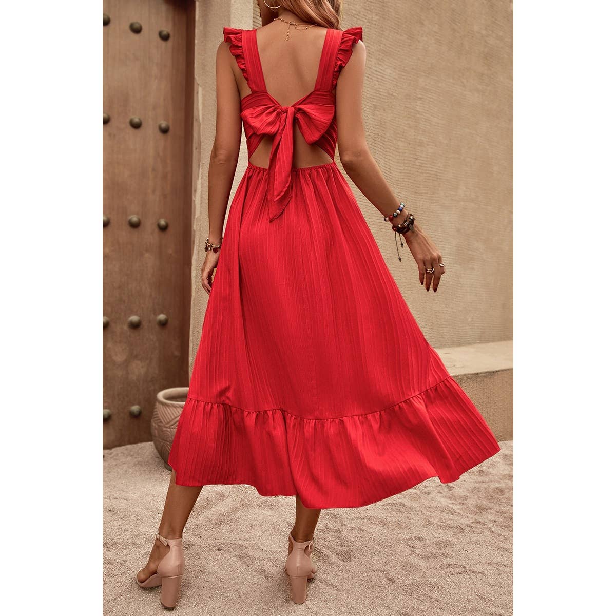 Sleeveless Ruffle Cross Open Back Knot Fit Dress