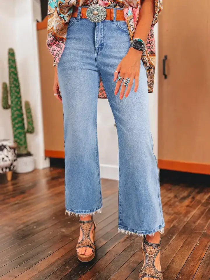 Sail Blue Mineral Wash High-Waist Raw Hem Flared Jeans