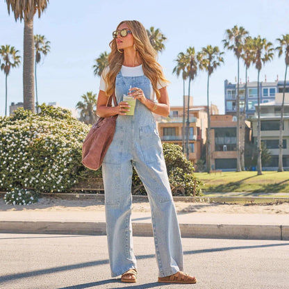 Denim Overall Wide Leg Jumpsuit With Pockets