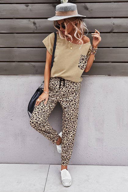 Solid Leopard Top And Pants Set