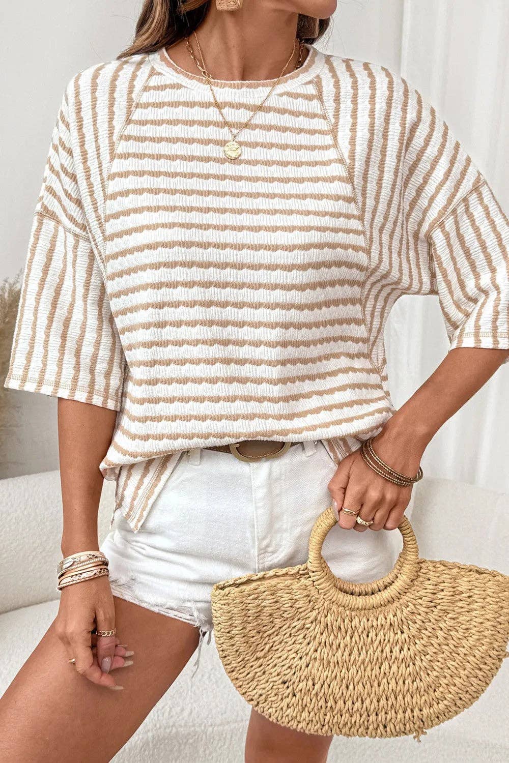Striped Textured Tee Oversized Casual Boutique Top