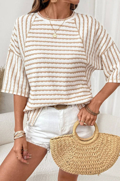 Striped Textured Tee Oversized Casual Boutique Top