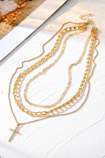 Plated Cross Pendant Multi Layer Stacked Chains Necklace