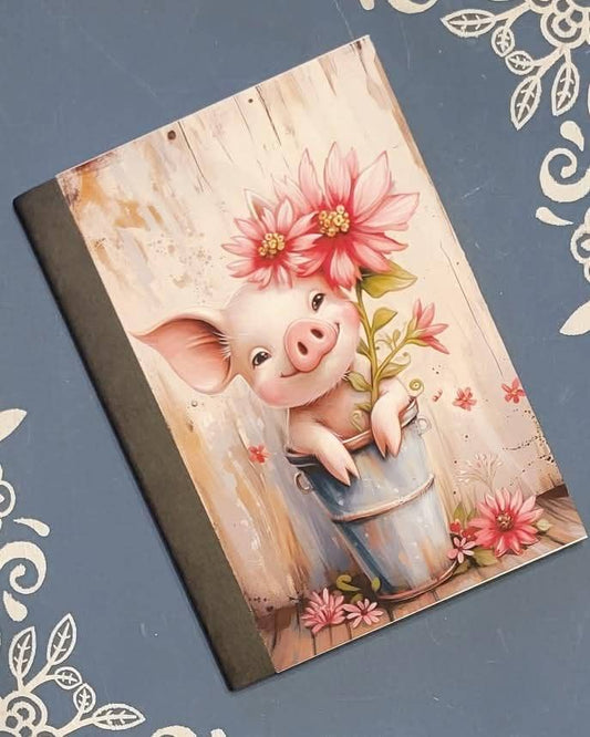 Pig, Pretty Pig in a Flower Pot, Covered Notebook