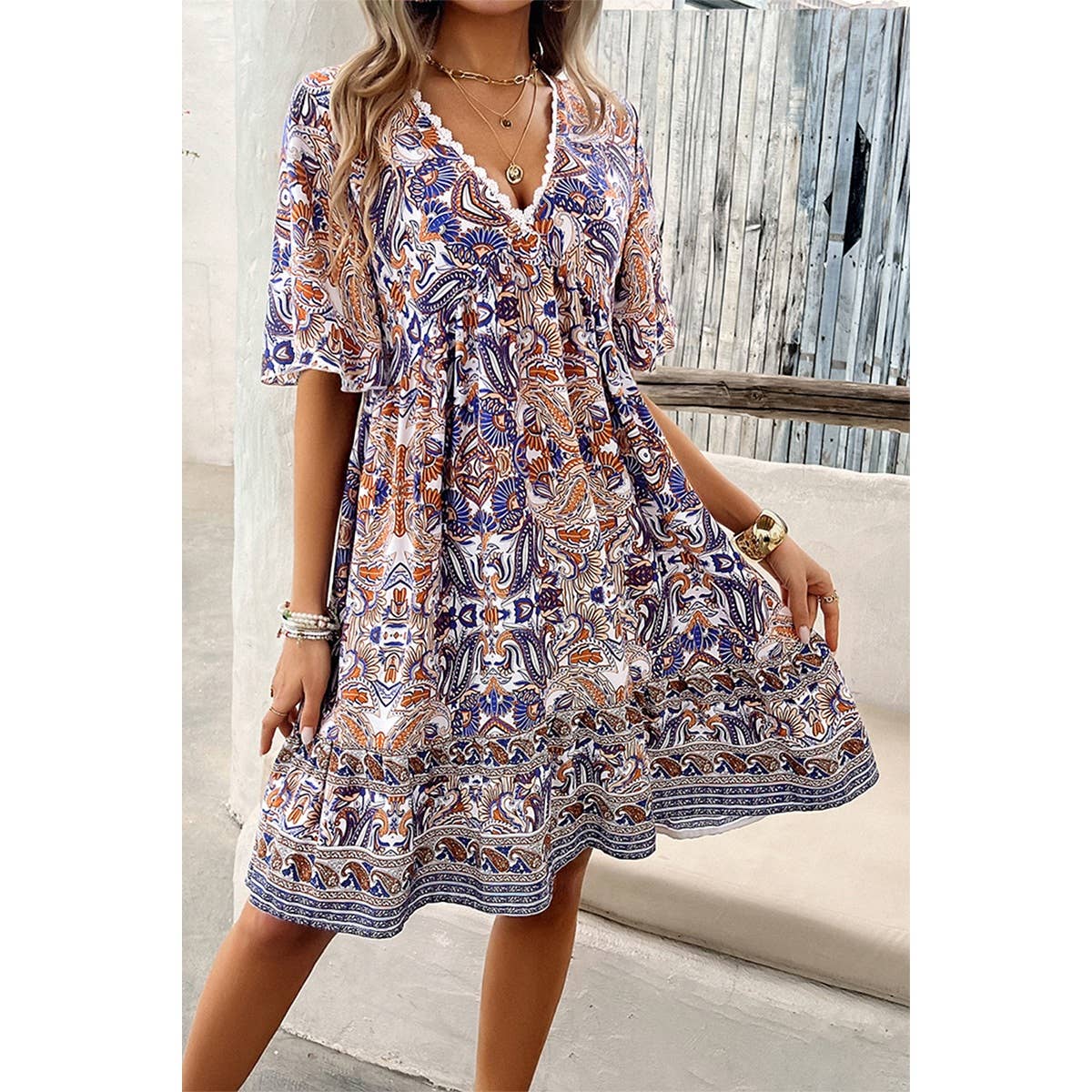 Allover Print Lace Trim Loose A Line Dress