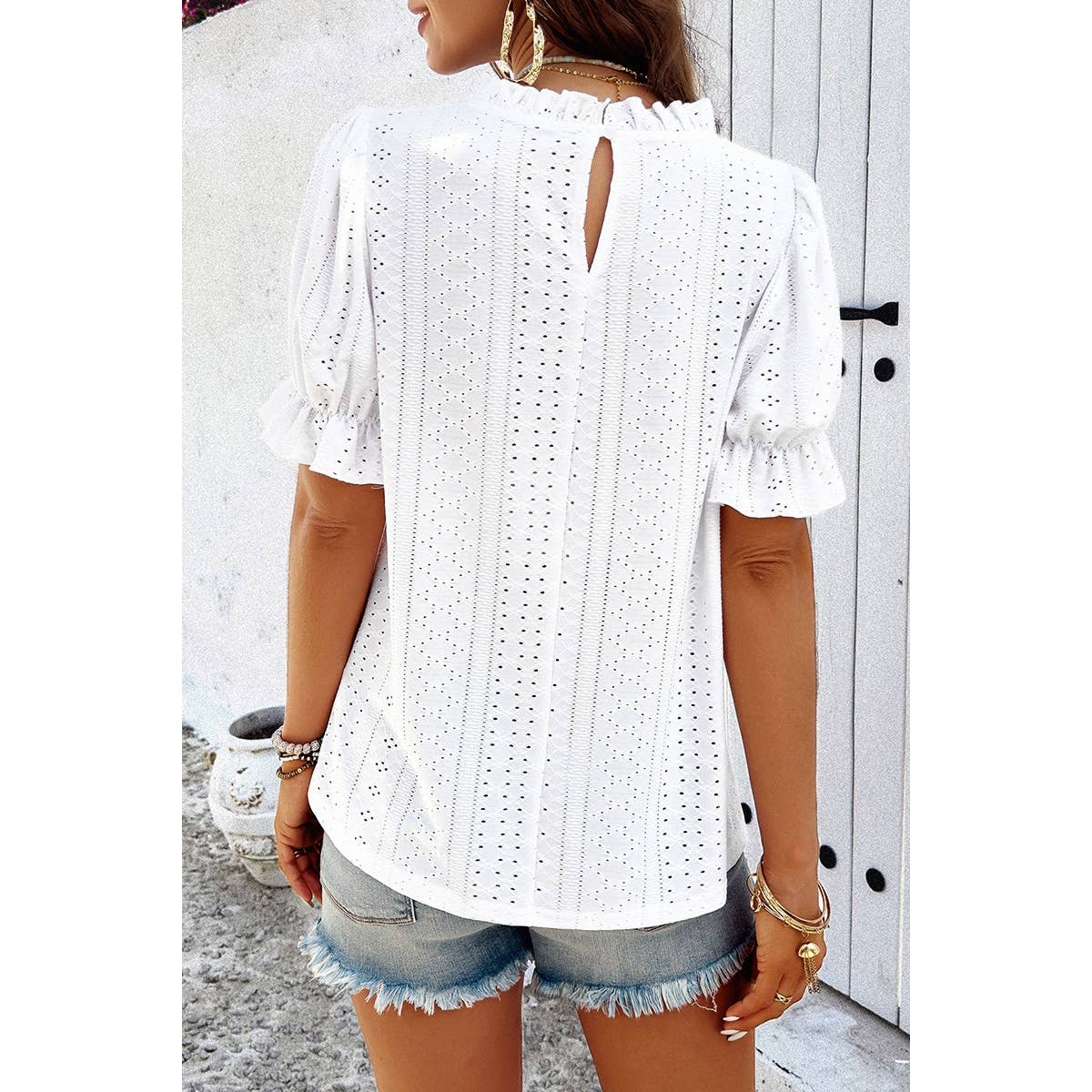 Round Neck Embroidery Ruffle Sleeve Loose Fit Shirts