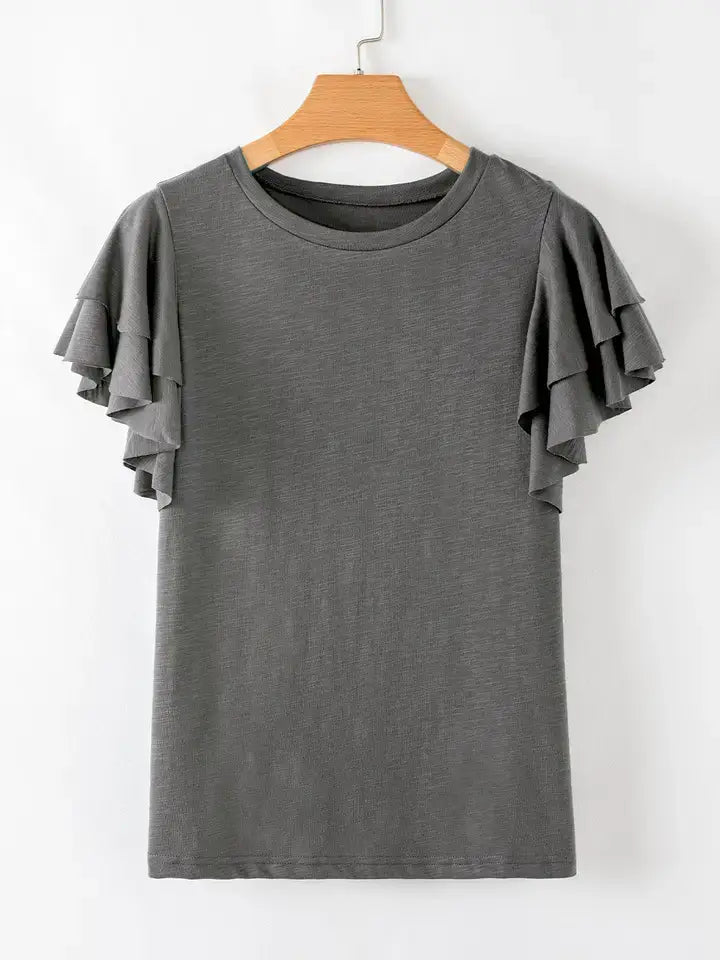 Dark Grey Flutter Sleeve Casual Loose Fit Basic T Shirt