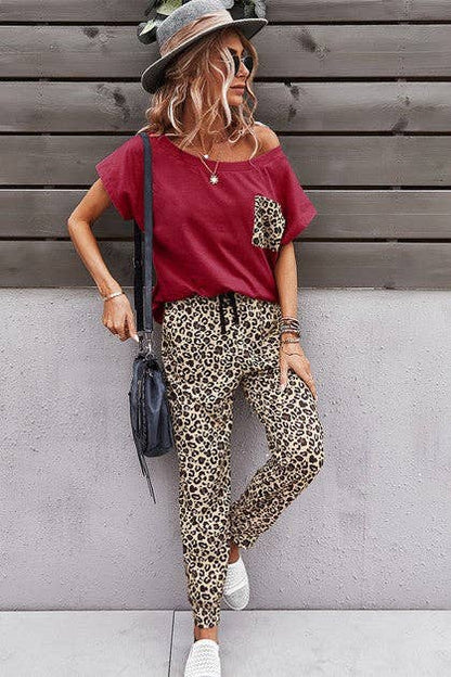 Solid Leopard Top And Pants Set