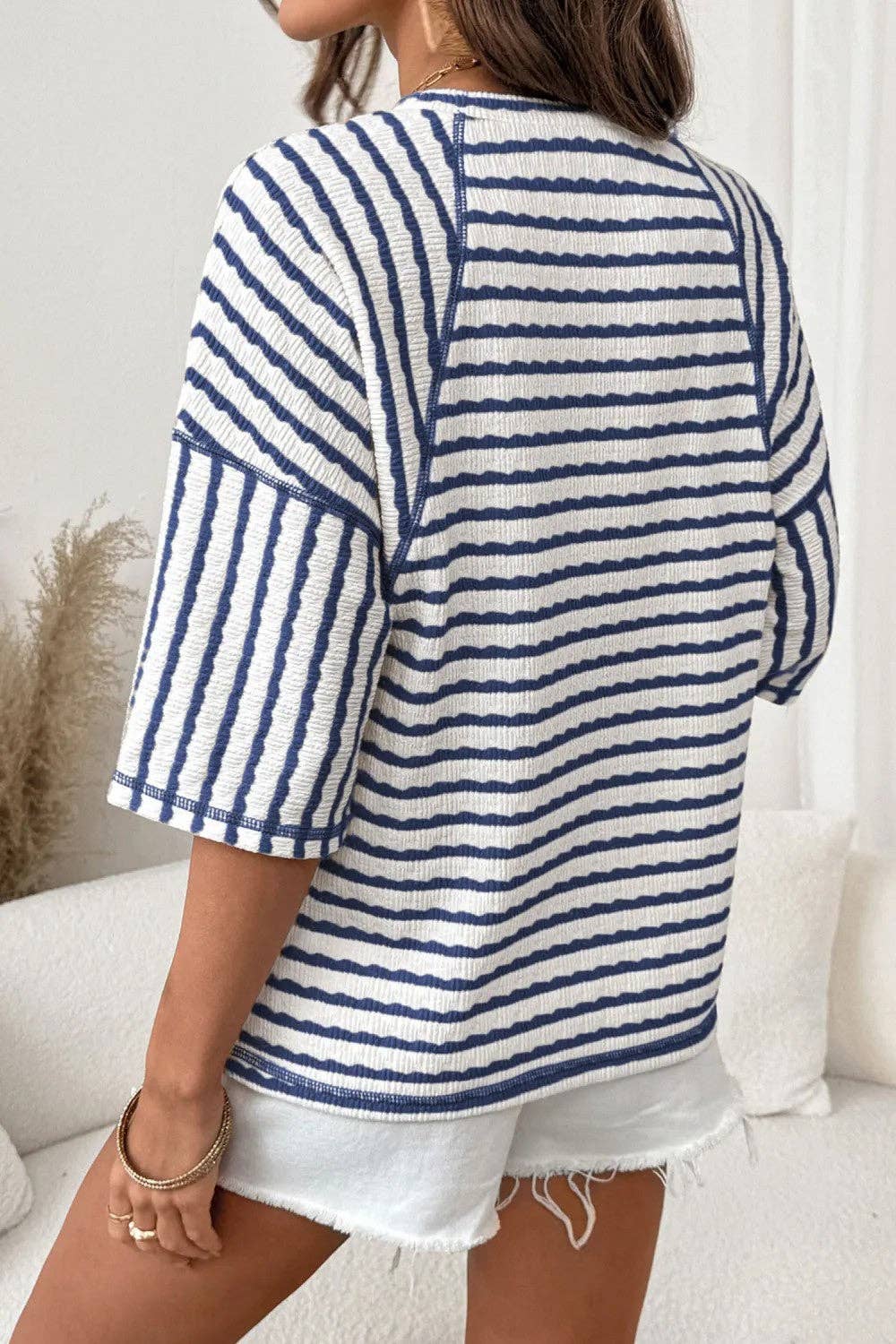 Striped Textured Tee Oversized Casual Boutique Top