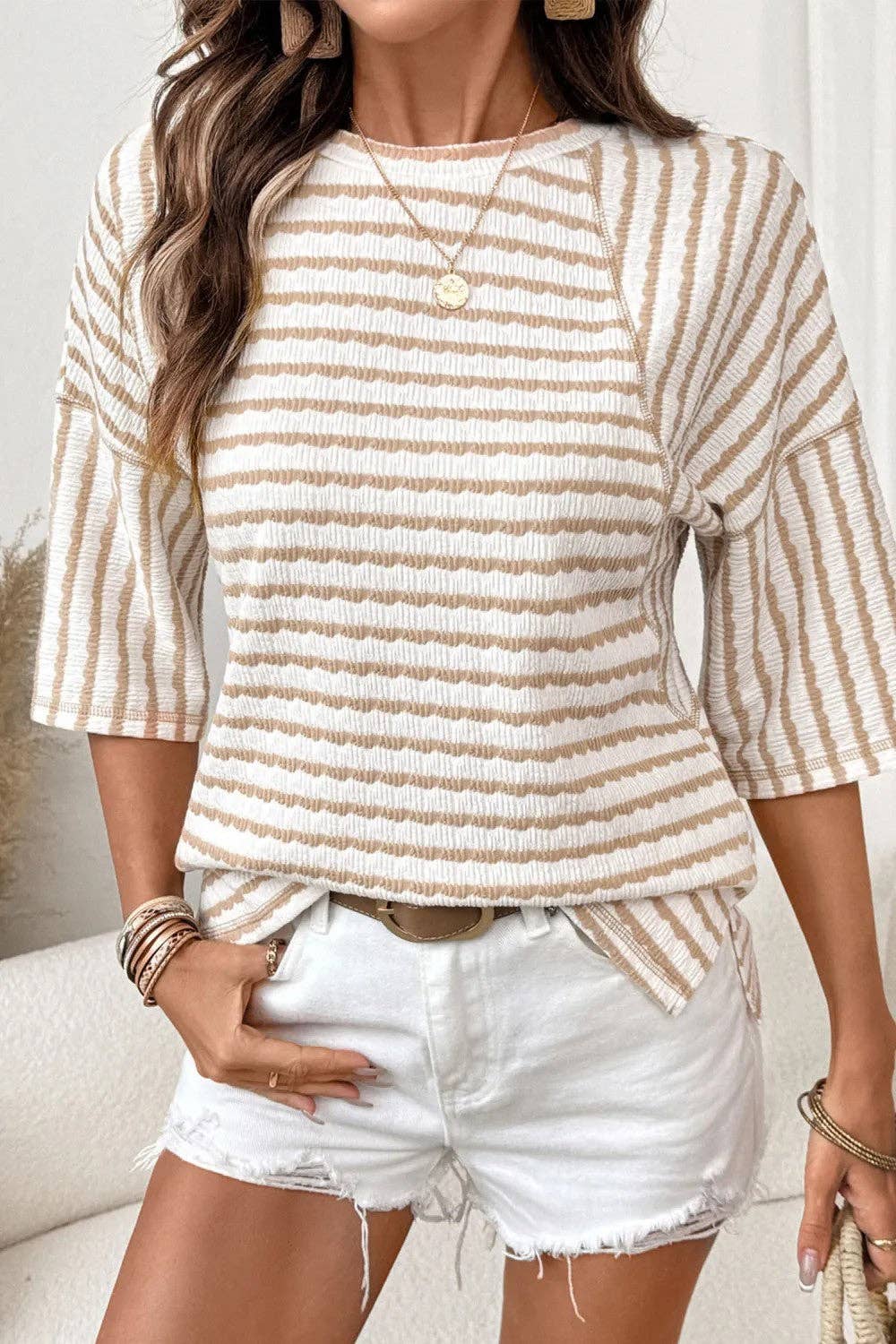 Striped Textured Tee Oversized Casual Boutique Top