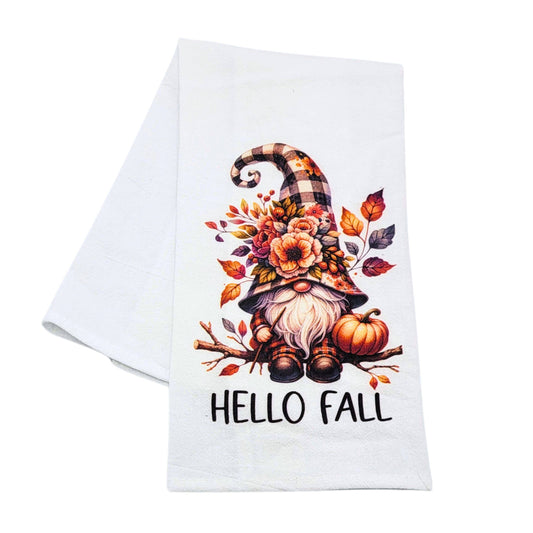 Hello Fall Gnome With Flowers Fall Décor Fall Tea Towels