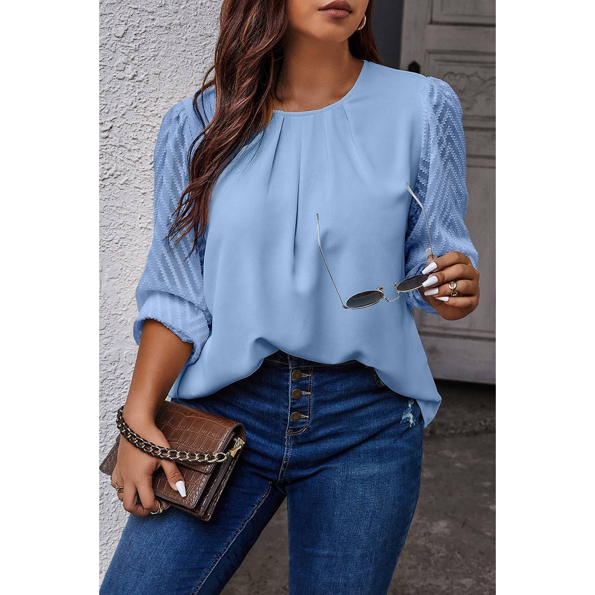 Plus Size Round Neck Color Block Ruched Blouse