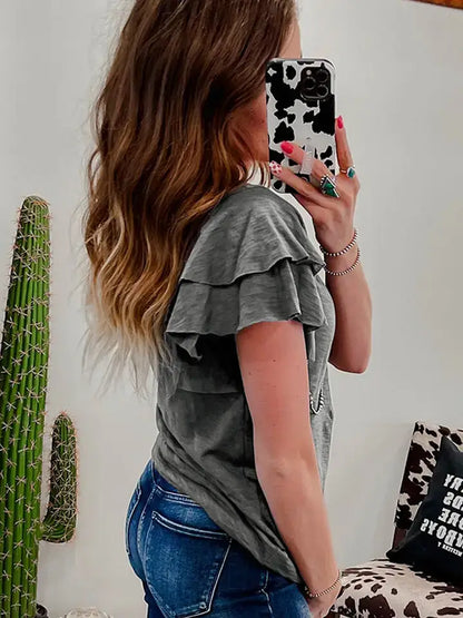 Dark Grey Flutter Sleeve Casual Loose Fit Basic T Shirt