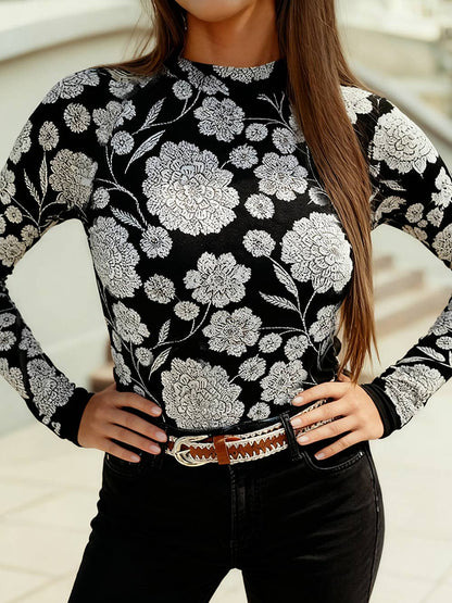 Floral Print Mesh Thumbhole Long Sleeve Top