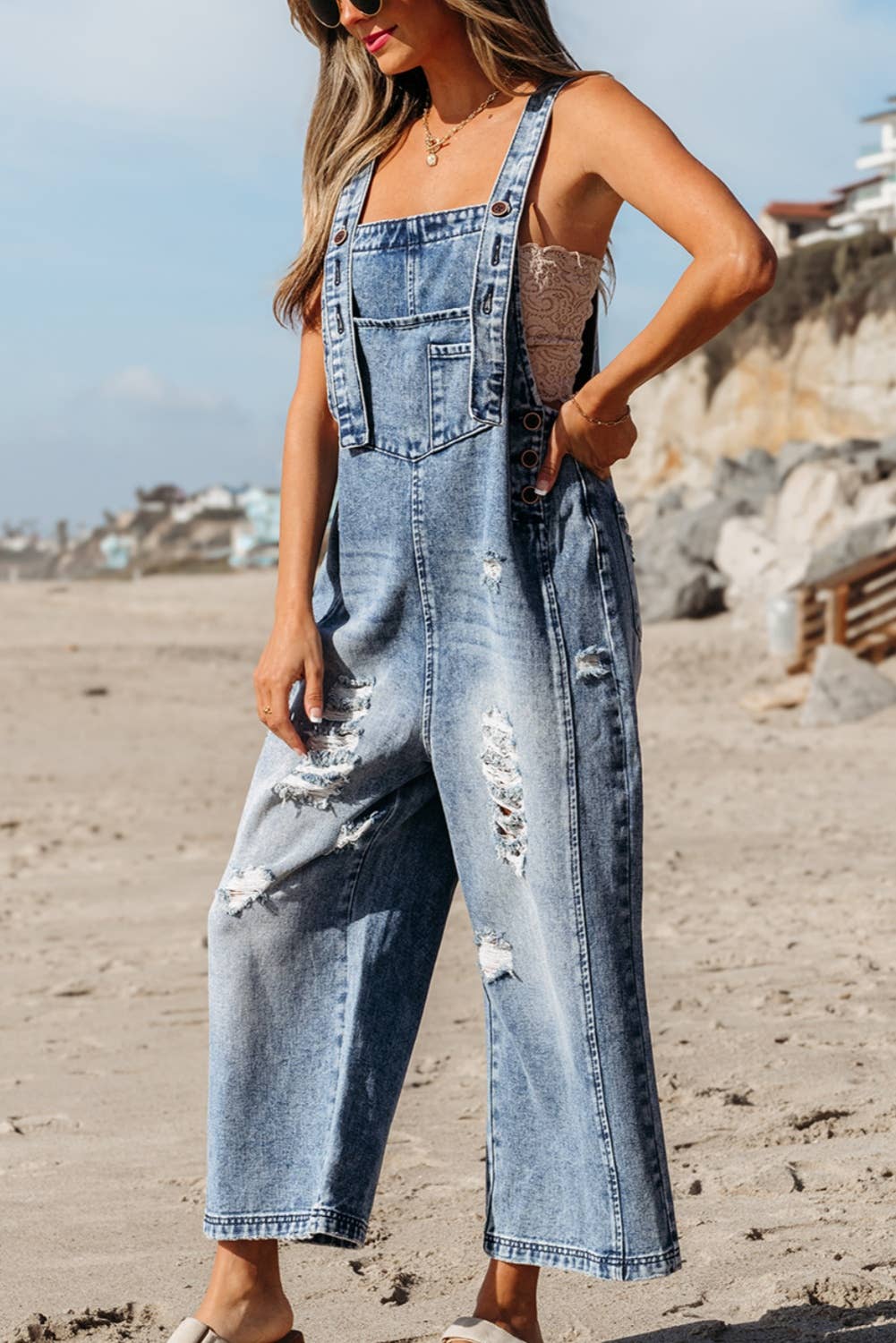 1 the Woman - Distressed Pocketed Wide Leg Capri Denim Overall