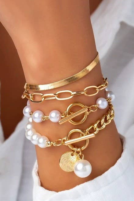 MULTILAYER PEARL CHAIN HERRINGBONE MIX BRACELET | 40B5151