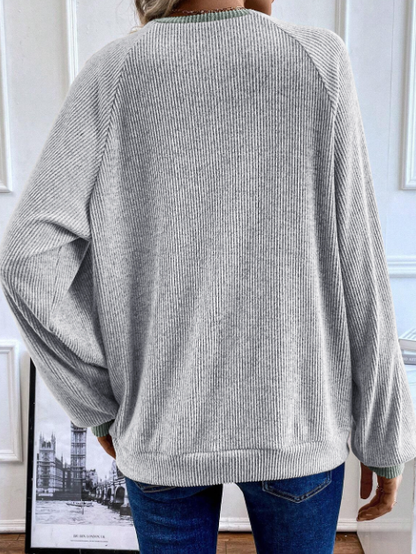 Jet Stream Color Contrast Ribbed Loose Fit Long Sleeve Top