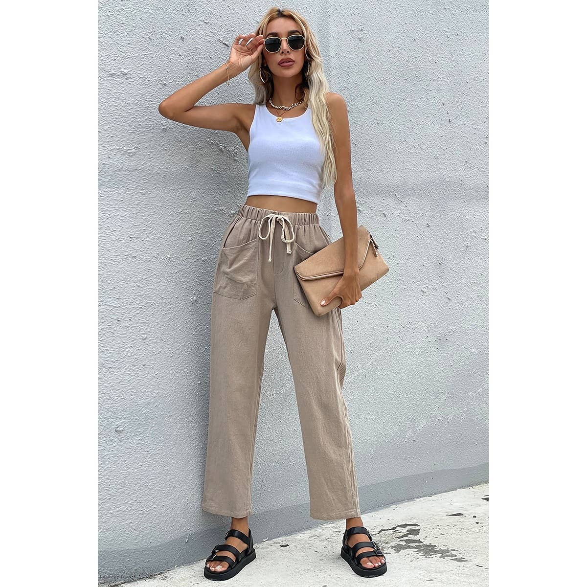 Solid Pockets Belt Wide Leg Pants
