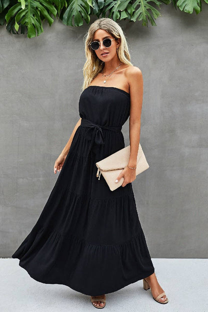 Off Shoulder Waist Tie Ruffle Dress