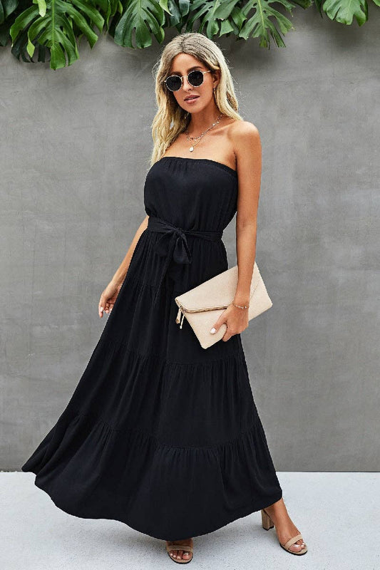 Off Shoulder Waist Tie Ruffle Dress