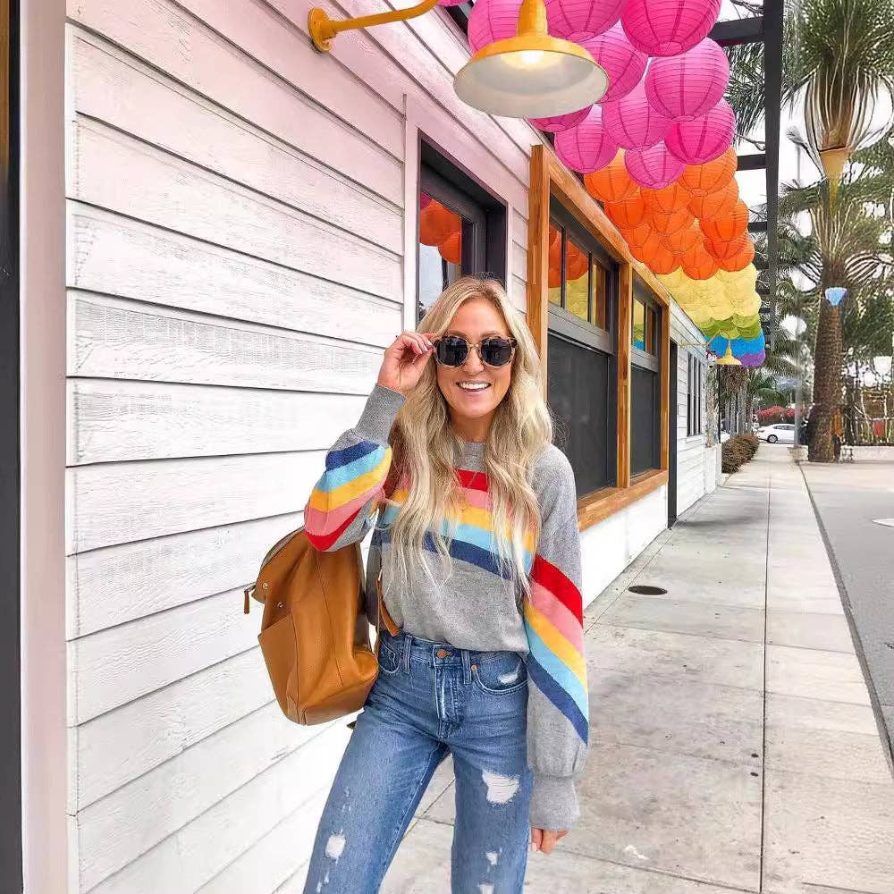 Women’s Rainbow Stripe Crewneck Pullover Casual Long Sleeve Top