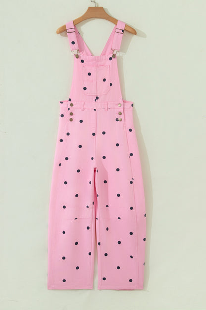 Jet Stream Polka Dot Print Bib Pocket Denim Barrel Overalls Jumpsuit