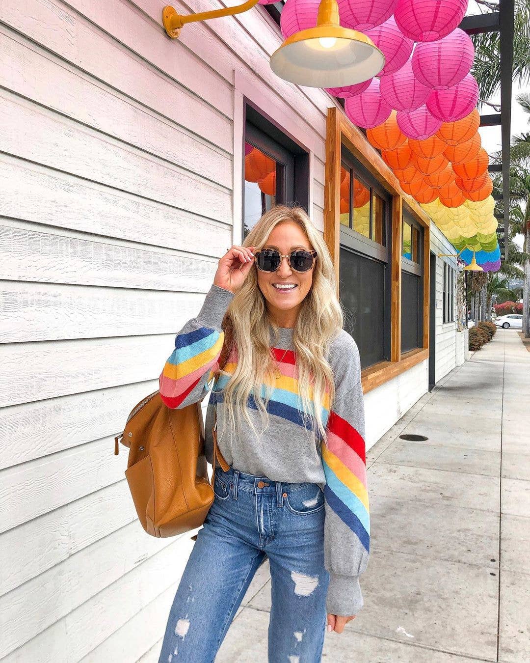 Women’s Rainbow Stripe Crewneck Pullover Casual Long Sleeve Top