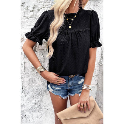Round Neck Embroidery Ruffle Sleeve Loose Fit Shirts