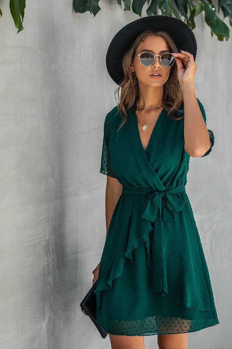 V Neck Ruffled Hem Wrap Dresses
