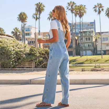 Denim Overall Wide Leg Jumpsuit With Pockets