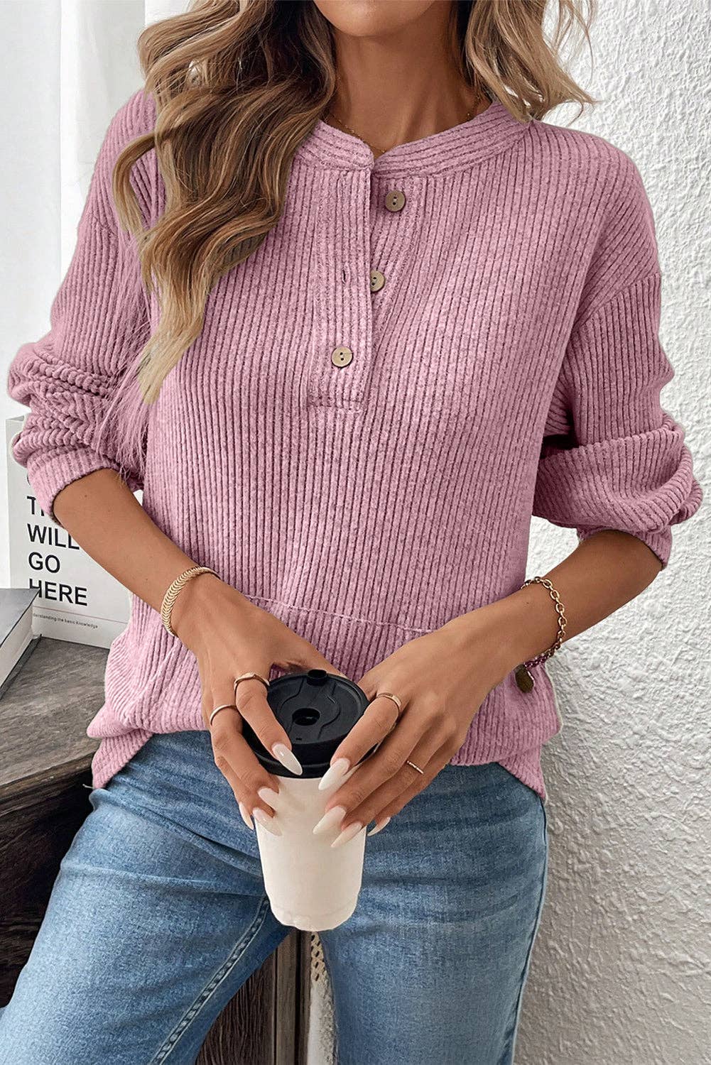 Clearly Pink Ribbed Texture Drop Shoulder Henley Knit Top