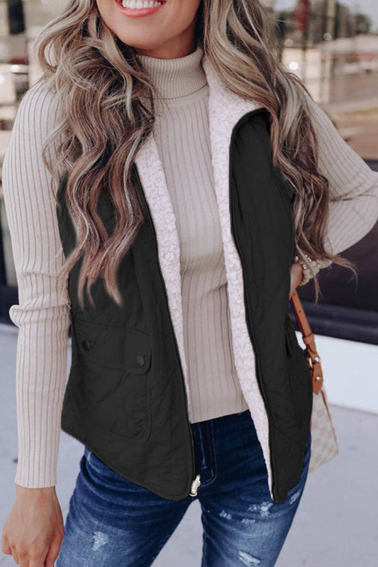 Black Fleece Lined Quilted Vest Coats