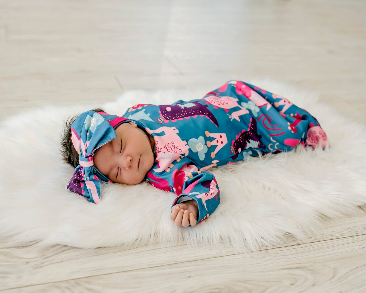 Infant Girl Dino Baby Gown and Bow Headband