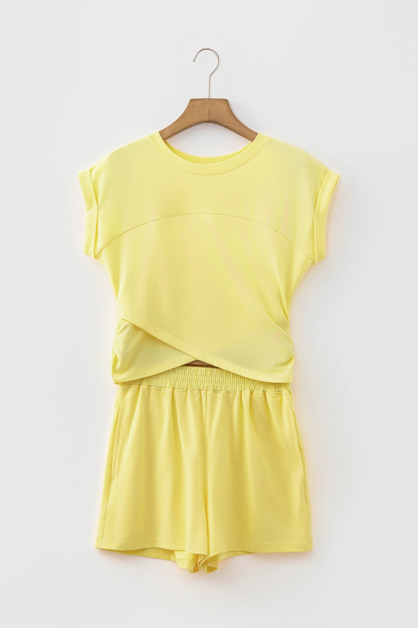 Yellow Cream Solid Short Sleeve Elastic Waist Pocket Casual Two Piece Short Set