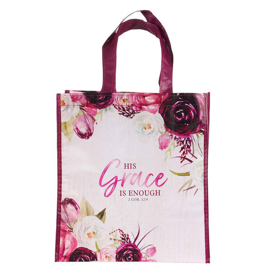 Burgundy/White Floral Printed His Grace 2 Cor. 12:9 Tote