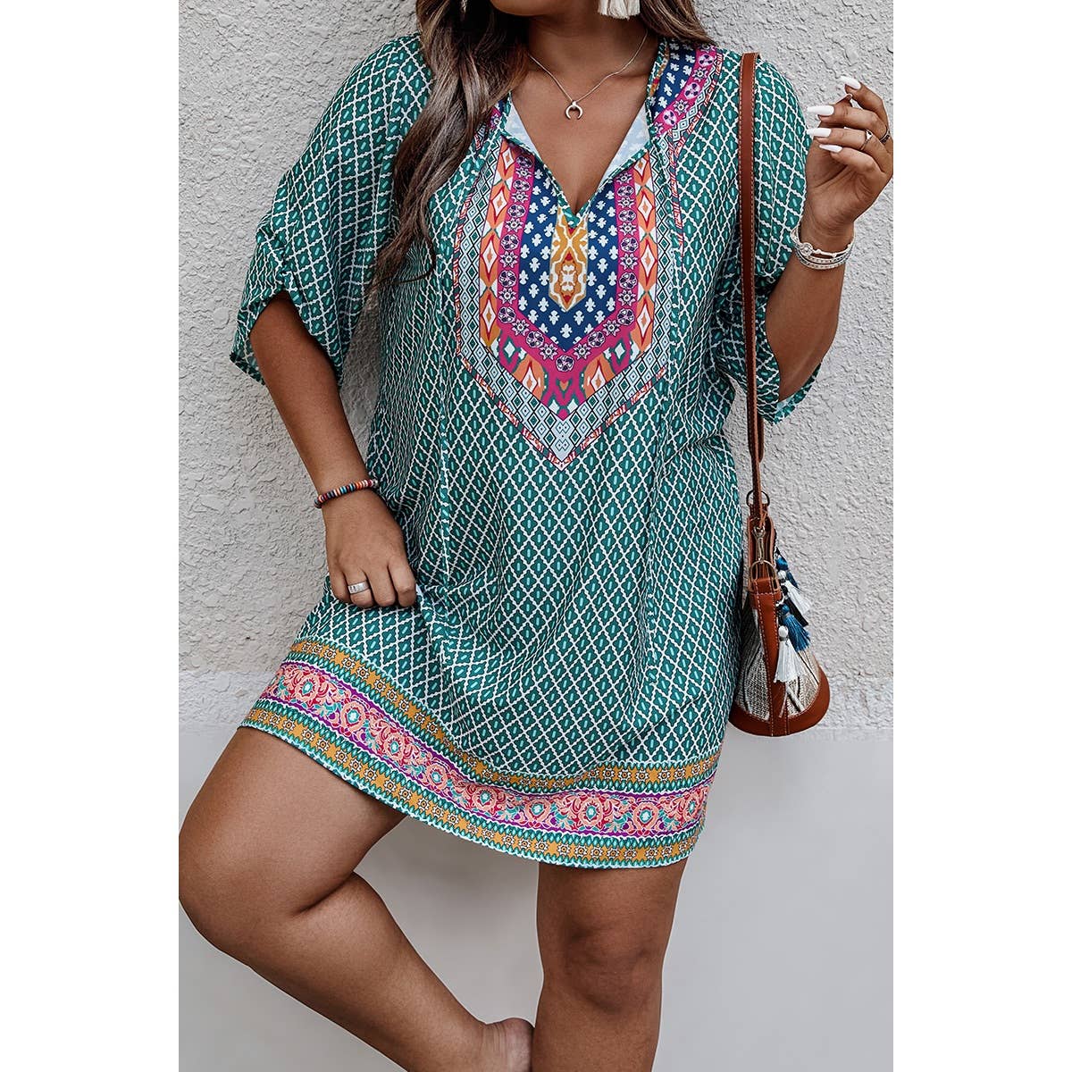 Plus Size V Neck Printed Loose Fit Midi Dress