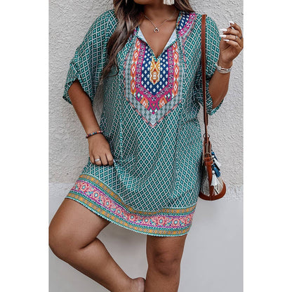 Plus Size V Neck Printed Loose Fit Midi Dress