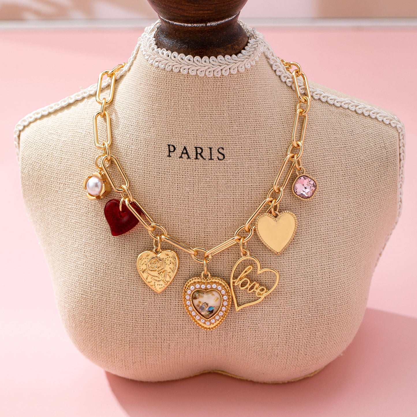 CHARM NECKLACE-PORCELAIN HEART RHINESTONE PEARL